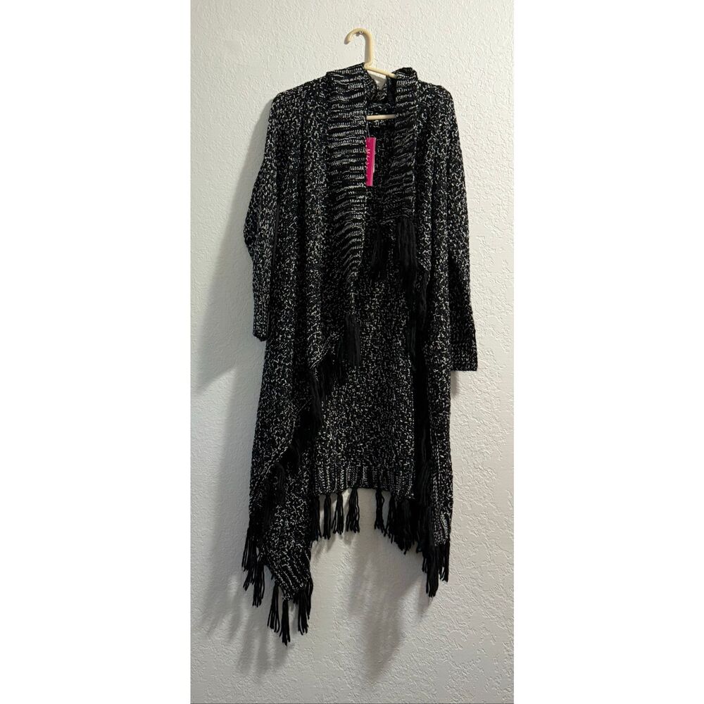 Mechant  Womens Black Marled Fringe Long Open Duster Cardigan Sweater one size